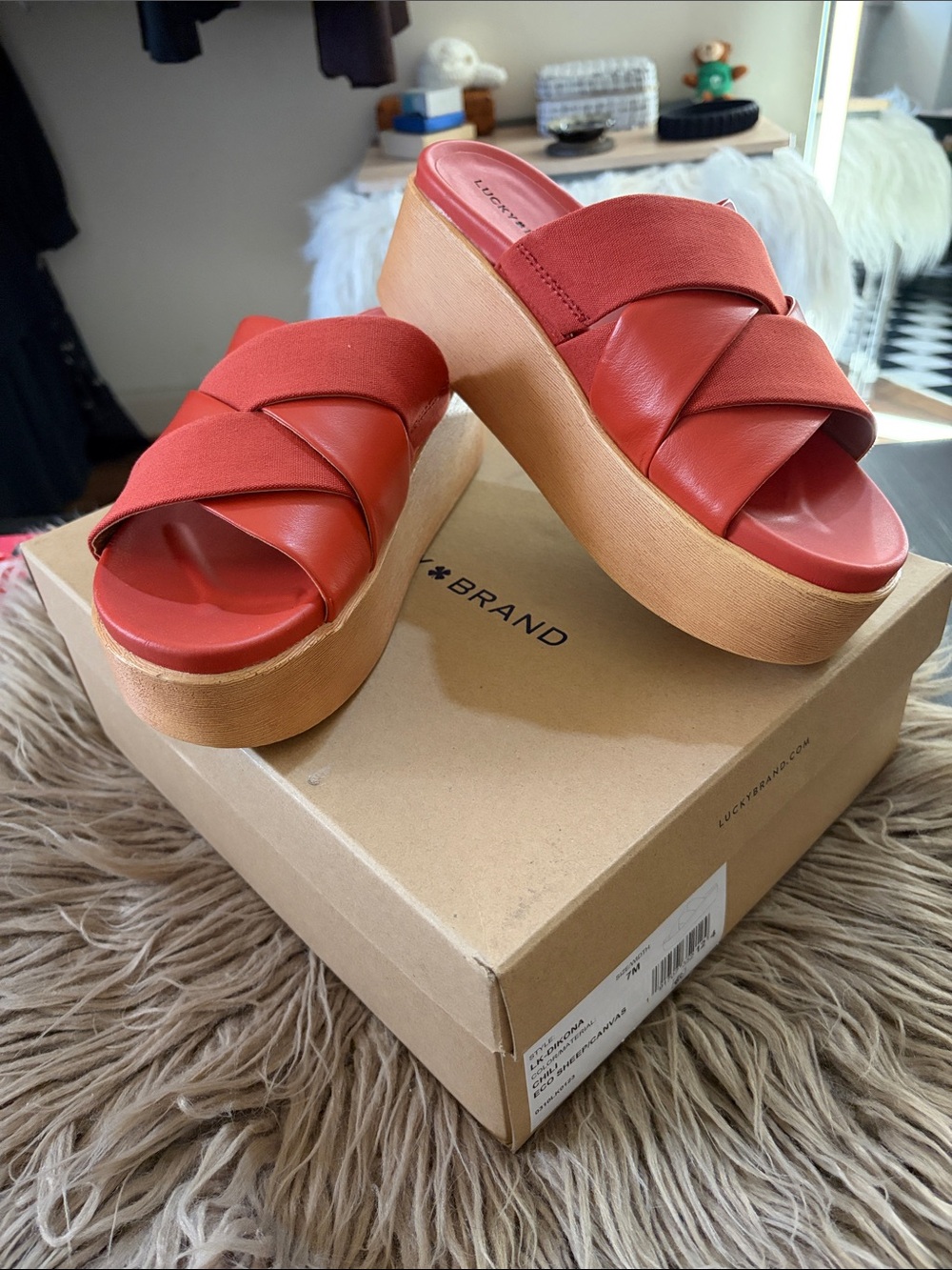 Lucky Brand Red Platform Slide Sandals with Wood-Look Sole